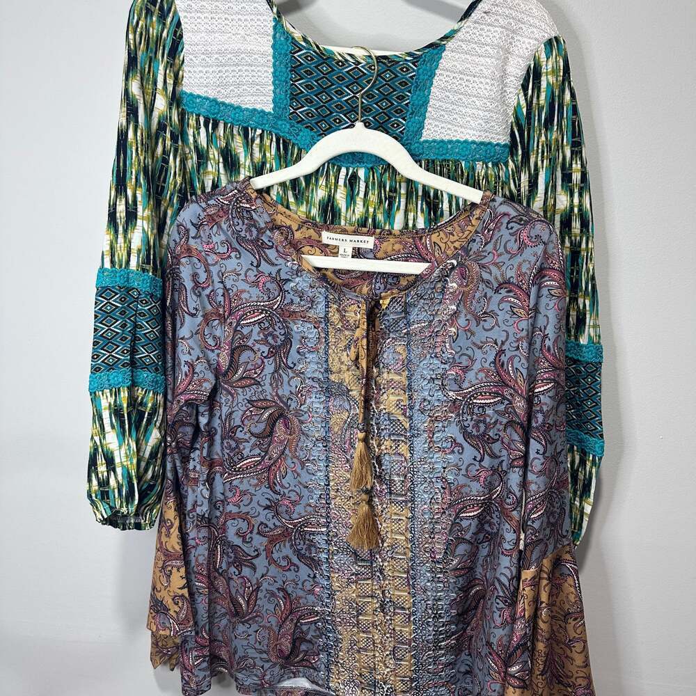 TWO Farmers Market Boho Long Sleeve Blouses, Size L